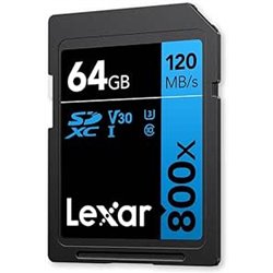 LEXAR 64GB PROFESSIONAL 800X PRO SDXC UHS-I CARDS,  UP TO 150MB/S READ, C10 V30 U3