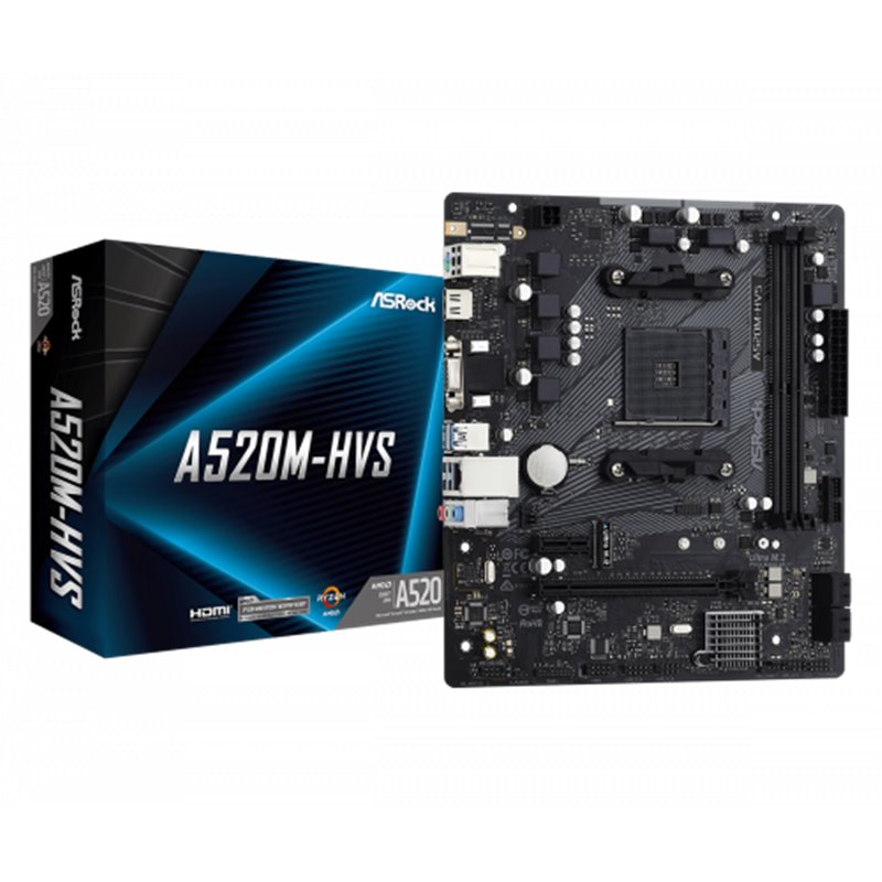 PLACA ASROCK A520M-HVS,AMD,AM4,A520,2DDR4,64,VGA+HDMI,4SATA3,1M.2,4USB2.0,2USB3.2,USB-C,1GB,MATX