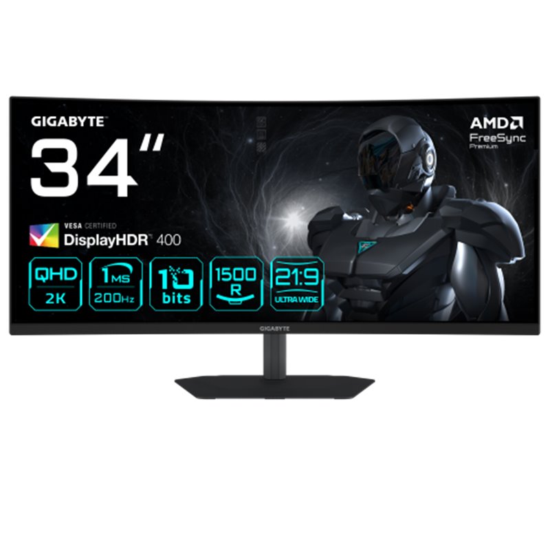 GIGABYTE G34WQC2 Monitor Gaming Curvo 34” WQHD - 3440 x 1440, 1500R, 200Hz, 1ms, 450 cd/m², AMD FreeSync Premium, DisplayHDR 400