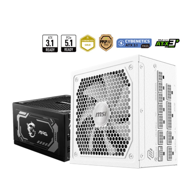 FUENTE ALIMENTACION MSI MAG A1000GL PCIE5 WHITE,PSU,1000W,80 PLUS GOLD,MODULAR,135MM,ACTIVE PFC,PCI-E 5.0 (16 PIN)X1,PCI-E (6+2 