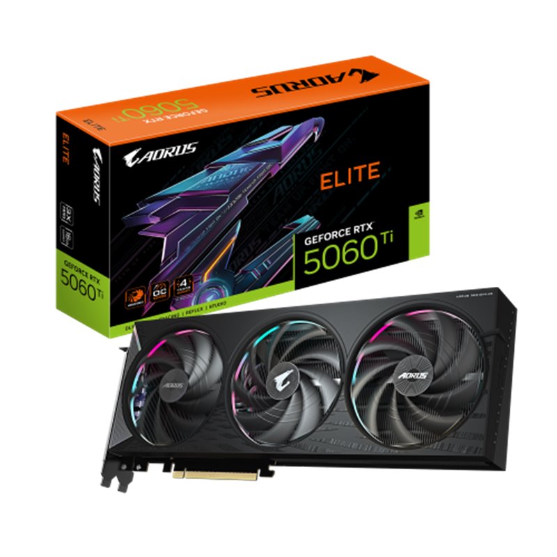 GIGABYTE AORUS GeForce RTX 5060 Ti ELITE 16G Tarjeta Gráfica – 16 GB GDDR7, 128 bits, PCI-E 5.0, 2722 MHz Frecuencia del núcleo,