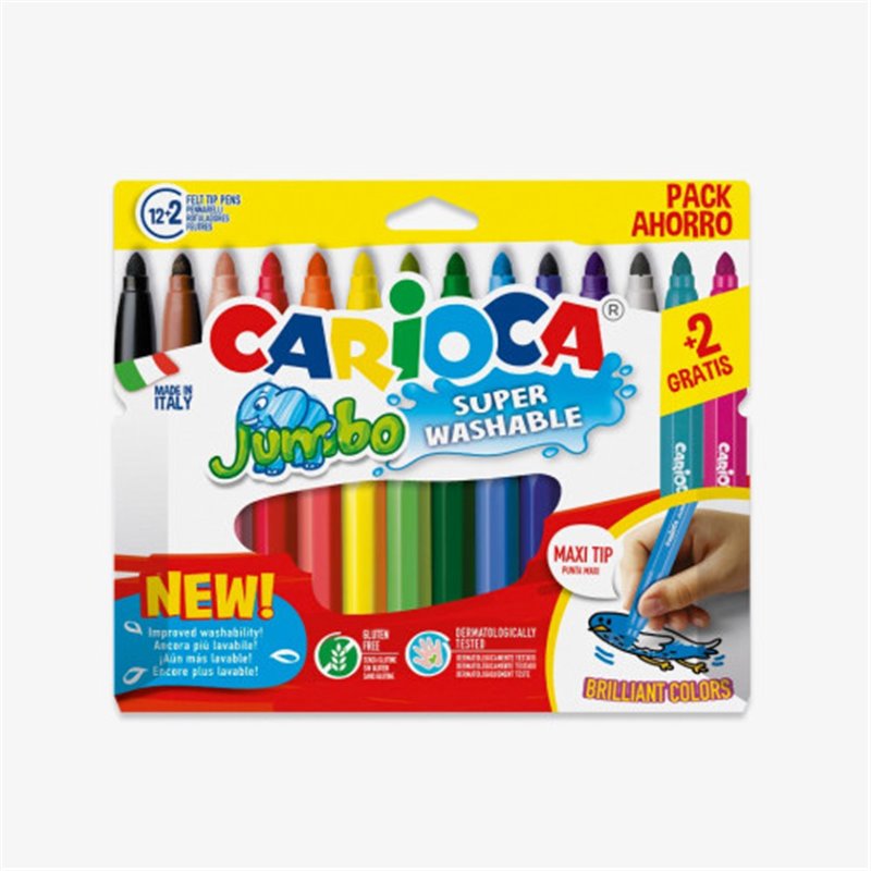 CAJA 12+2 ROTULADORES COLORES SURTIDOS JUMBO SUPERLAVABLE CARIOCA 40567