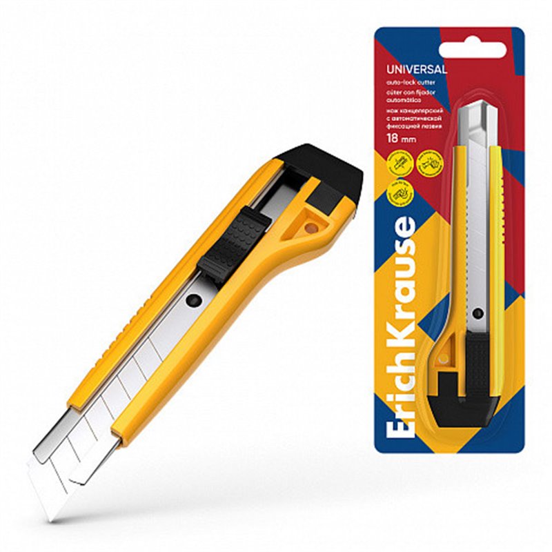 BLISTER CUTTER ESTRECHO 9MM GUIA METÁLICA Y AUTOBLOQUEO ABS AMARILLO ERICH KRAUSE 19150.