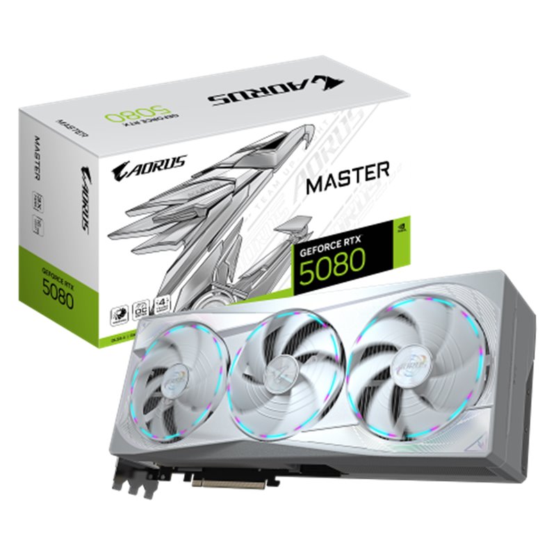 GIGABYTE AORUS GeForce RTX 5080 MASTER ICE 16G Tarjeta Gráfica - 16GB GDDR7, 256 bits, PCI-E 5.0, 2805MHz Core Clock, 3 x DP 2.1