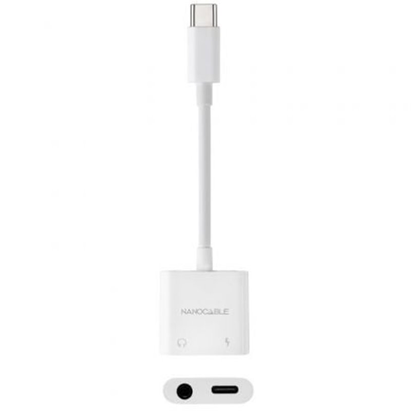 Adaptador Audio Nanocable 10.24.1206/ USB Tipo-C Macho - Jack 3.5 Hembra/ USB Tipo-C Hembra/ Blanco