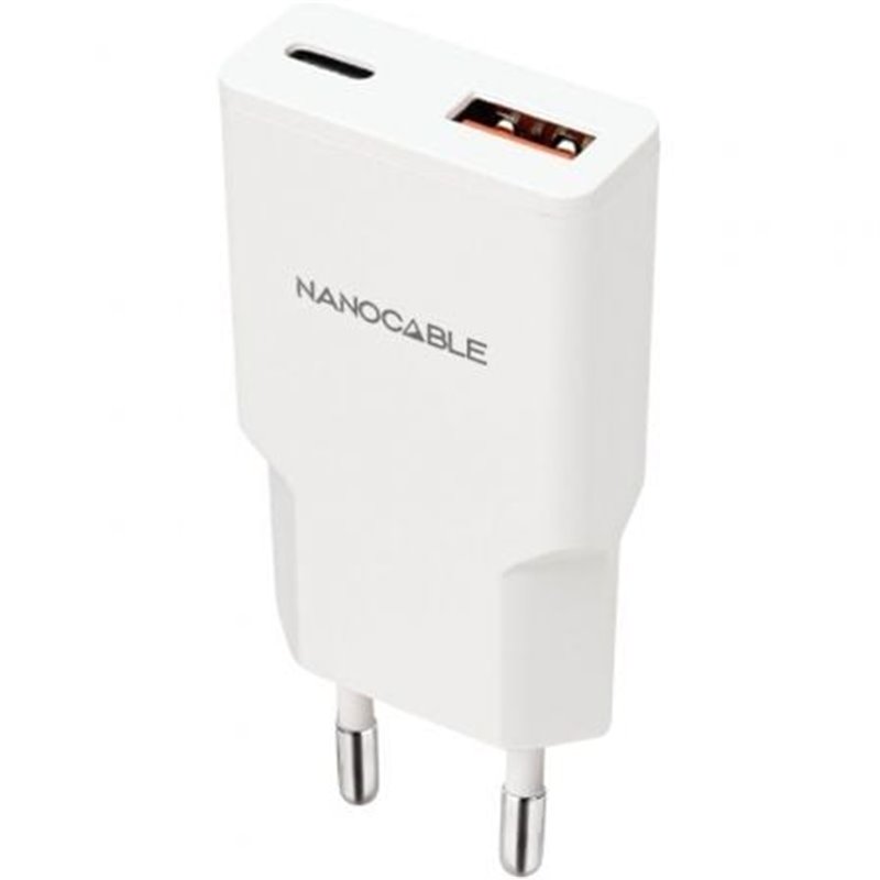 Cargador de Pared Nanocable 10.10.2022/ 1xUSB Tipo-C/ 1xUSB/ 20W/ Blanco