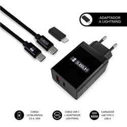 Cargador de Pared Subblim SUBCHG-3WPD11/ 1xUSB Tipo-C/ 1xUSB/ Cable USB Tipo-C + Adaptador Lightning/ 25W/ Negro