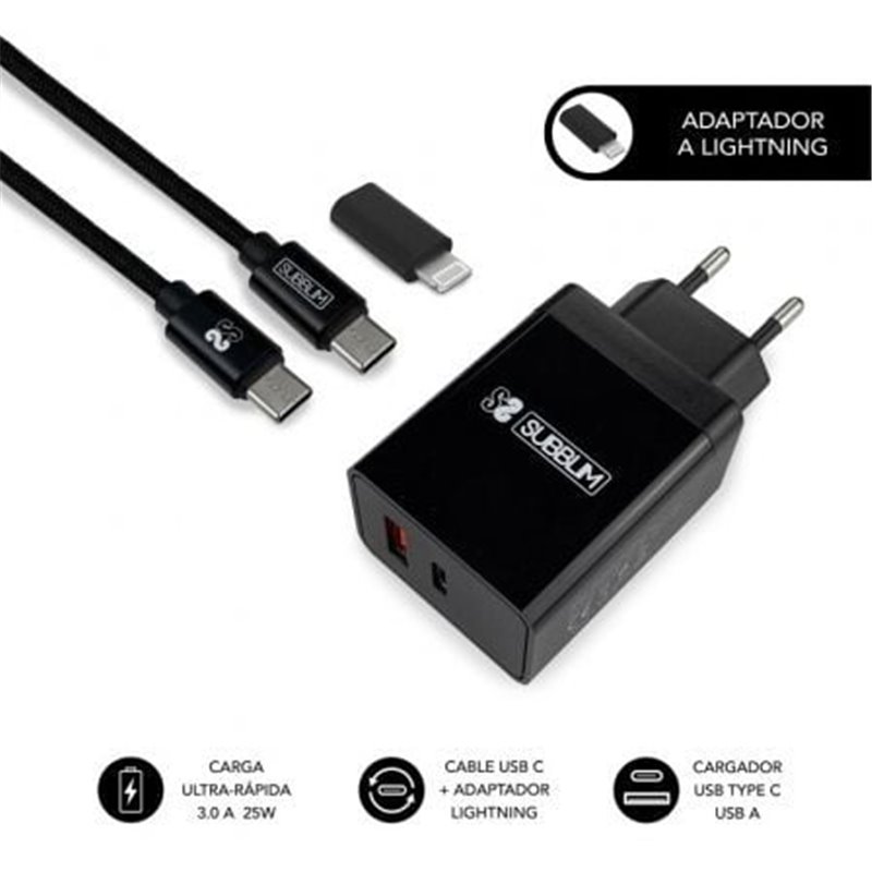 Cargador de Pared Subblim SUBCHG-3WPD11/ 1xUSB Tipo-C/ 1xUSB/ Cable USB Tipo-C + Adaptador Lightning/ 25W/ Negro