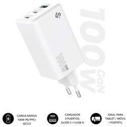 Cargador de Pared GaN Subblim 100W Charger USB C+C+A/ 2xUSB Tipo-C/ 1xUSB/ 100W