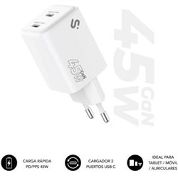 Cargador de Pared GaN Subblim 45W Charger USB C+C/ 2xUSB Tipo-C/ 45W