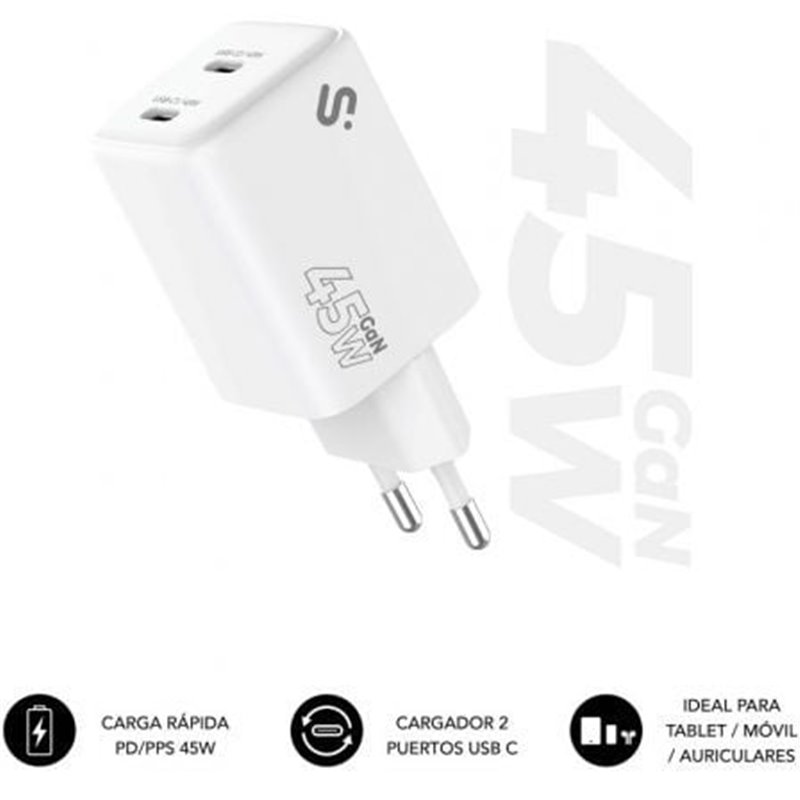 Cargador de Pared GaN Subblim 45W Charger USB C+C/ 2xUSB Tipo-C/ 45W