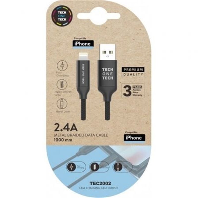 Cable USB 2.0 Tech One Tech TEC2002/ USB Macho - Lightning Macho/ 480Mbps/ 1m/ Negro