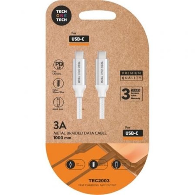 Cable USB 2.0 Tipo-C Tech One Tech TEC2204/ USB Tipo-C Macho - USB Tipo-C Macho/ Hasta 20W/ 480Mbps/ 1m/ Blanco