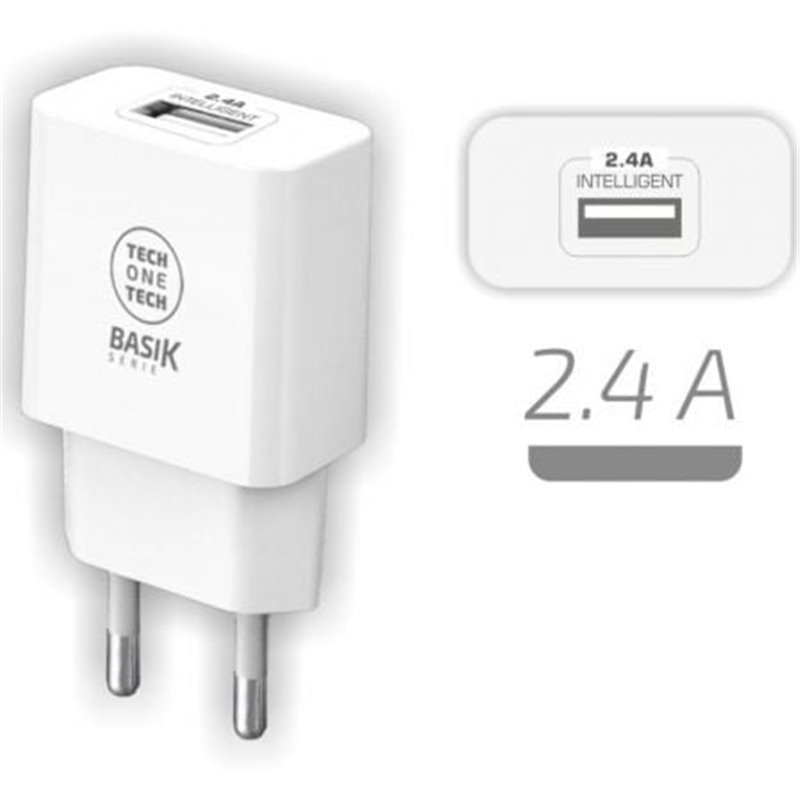 Cargador de Pared Tech One Tech TEC2904/ 1xUSB/ 2.4A/ Blanco
