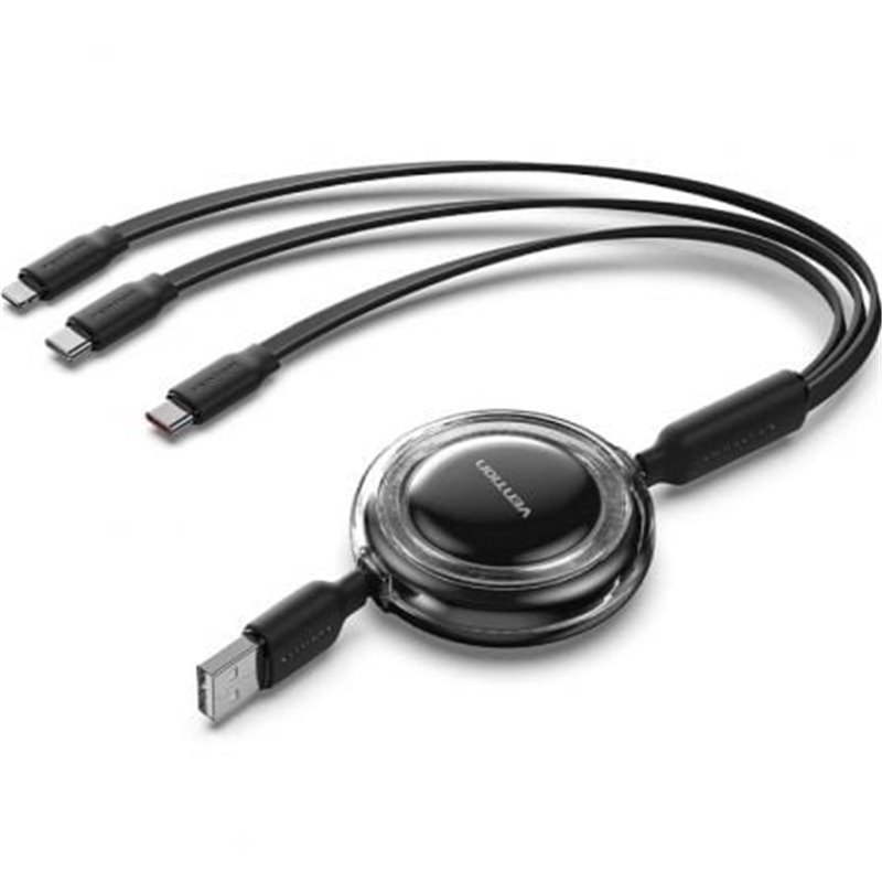 Cable USB Retr�ctil Vention TRJBBE/ USB Macho - Lightning/ 2xUSB Tipo-C/ Hasta 17.5W/ 10Gbps/ 1.1m/ Negro
