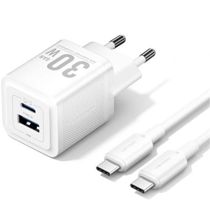 Cargador de Pared GaN Vention TZ-FEQW0-EU-01/ 1xUSB Tipo-C/ 1xUSB + Cable USB Tipo-C/ 30W