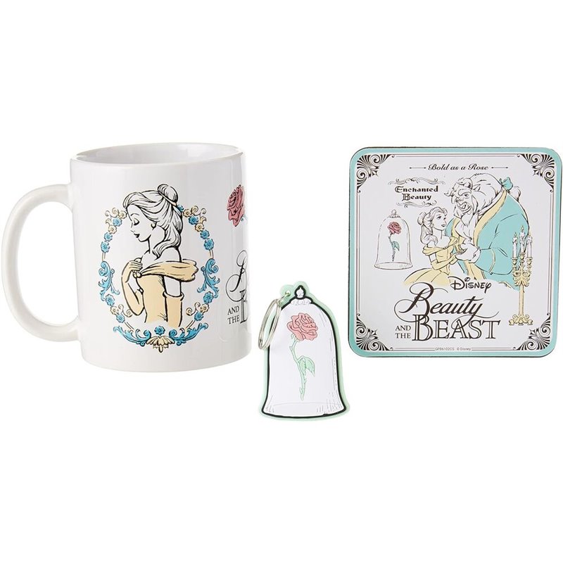 Set Taza + llavero + posavasos La Bella y la Bestia Disney