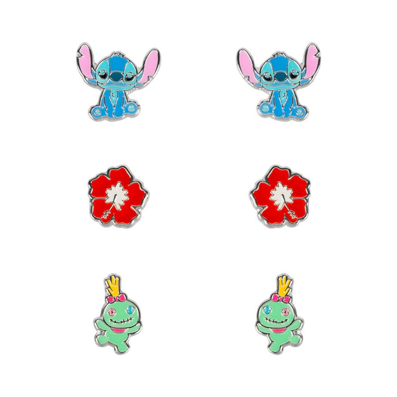 Set 3 Pares de pendientes Stitch Disney plata