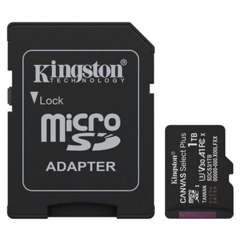 Tarjeta de Memoria Kingston CANVAS Select Plus 1TB microSD XC con Adaptador/ Clase 10/ 150MBs