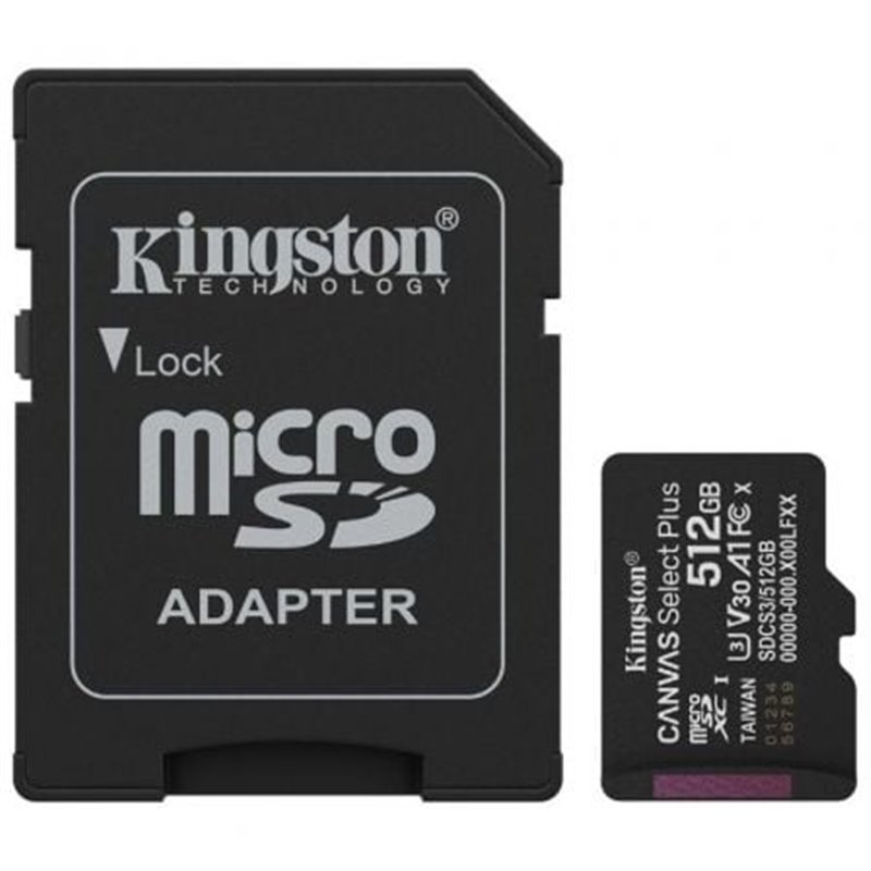 Tarjeta de Memoria Kingston CANVAS Select Plus 512GB microSD XC con Adaptador/ Clase 10/ 150MBs