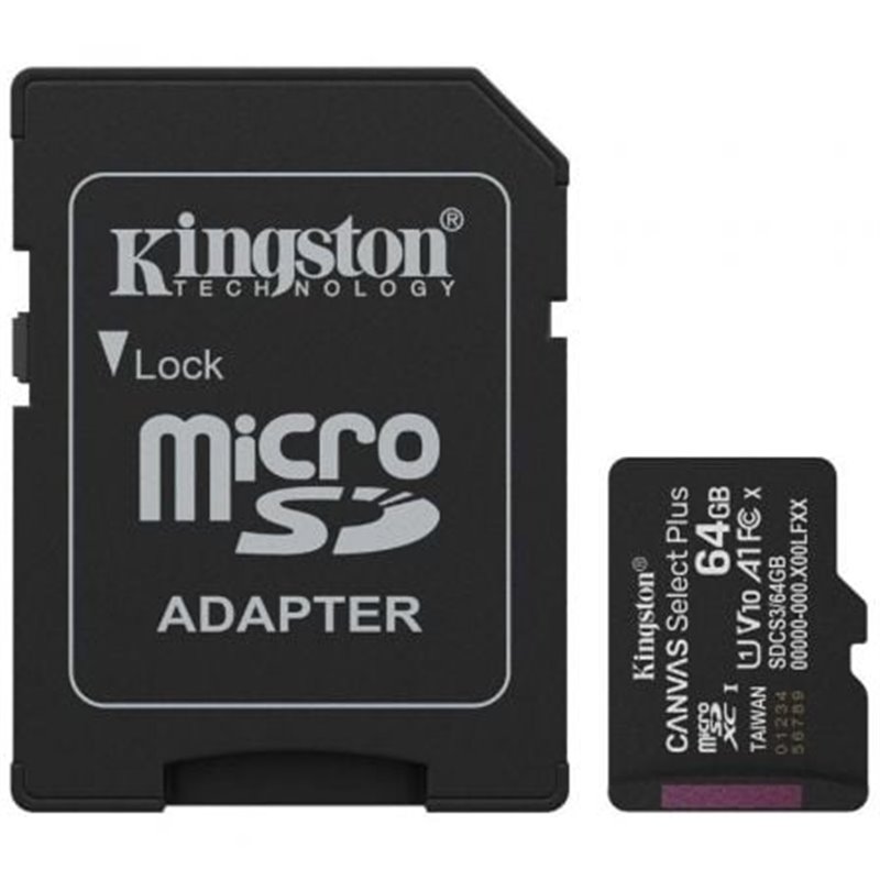 Tarjeta de Memoria Kingston CANVAS Select Plus 64GB microSD XC con Adaptador/ Clase 10/ 100MBs