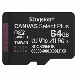 Tarjeta de Memoria Kingston CANVAS Select Plus 64GB microSD XC/ Clase 10/ 100MBs