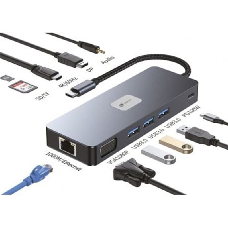 Docking USB Tipo-C Leotec LEDS03/ 3xUSB/ 1xUSB Tipo-C PD/ 1xHDMI 4K/ 1xDisplayPort/ 1xVGA/ 1xAudio/ 1xRJ45/ 1xLector Tarjetas SD