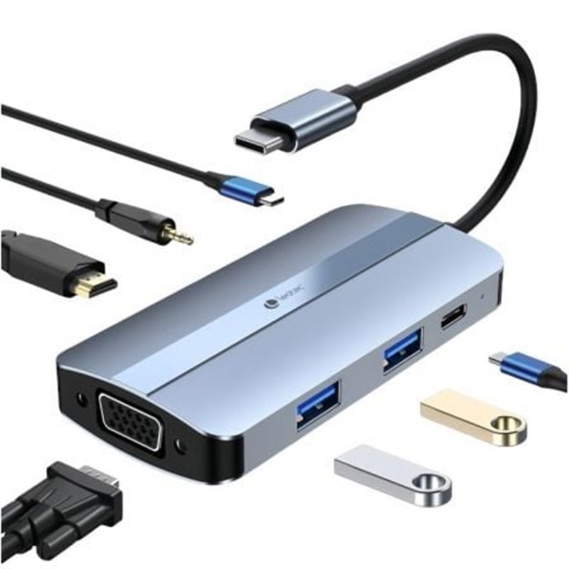 Docking USB Tipo-C Leotec LEDS04/ 2xUSB/ 1xUSB Tipo-C/ 1xUSB Tipo-C PD/ 1xHDMI 4K/ 1xVGA/ 1xAudio/ Azul