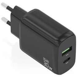 Cargador de Pared GaN Aisens A110-0924/ 1xUSB Tipo-C/ 1xUSB/ 30W/ Negro