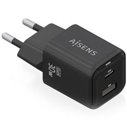 Cargador de Pared GaN Aisens ASCH-30W2P021-BK/ 1xUSB Tipo-C/ 1xUSB/ 30W