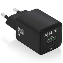 Cargador de Pared GaN Aisens ASCH-30W2P038-BK/ 1xUSB Tipo-C/ 1xUSB/ 30W