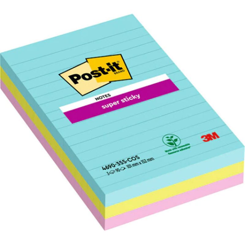 PACK 270 HOJAS NOTAS GRANDES SUPER STICKY 101X152MM 3 COLORES SURTIDOS COSMIC CON LÍNEAS 4690-3SS-COS POST-IT 7100234251