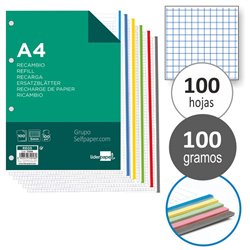 RECAMBIO LIDERPAPEL A4 100H CUADROS 5MM 5 COLORES