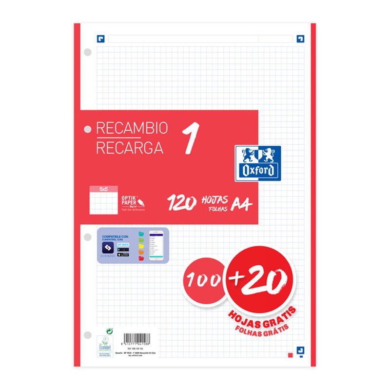 RECAMBIO CLASSIC OXFORD 100H+20H GRATIS A4 90GR 5X5MM 4 TALADROS 1 BANDA DE COLOR