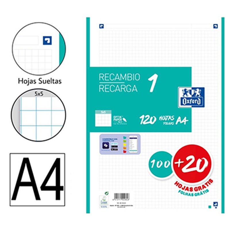 RECAMBIO CLASSIC OXFORD 100H+20H GRATIS A4 90GR 5X5MM 4 TALADROS 1 BANDA DE COLOR