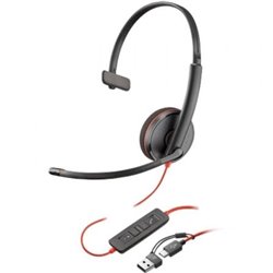 Auricular Poly Blackwire 3210 + Adaptador USB-C/A/ con Micr�fono/ USB Tipo-C/ Bulk/ Negro
