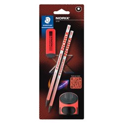 BLISTER CON 2 LÁPICES DE GRAFITO NORIX HB, AFILALÁPICES Y GOMA ROJO STAEDTLER 181 SBK2-2