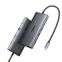 Ugreen 11-in-1 USB-C Hub to 3x USB-C/2x USB-A/HDMI/VGA/RJ45/SD/TF/3.5mm - Gray Acoplamiento Base Gris