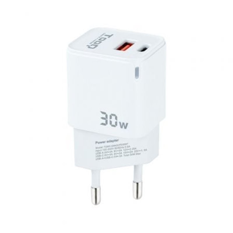 Cargador de Pared GaN TooQ TQWC-GANQCPD30WT/ 1xUSB Tipo-C/ 1xUSB/ 30W