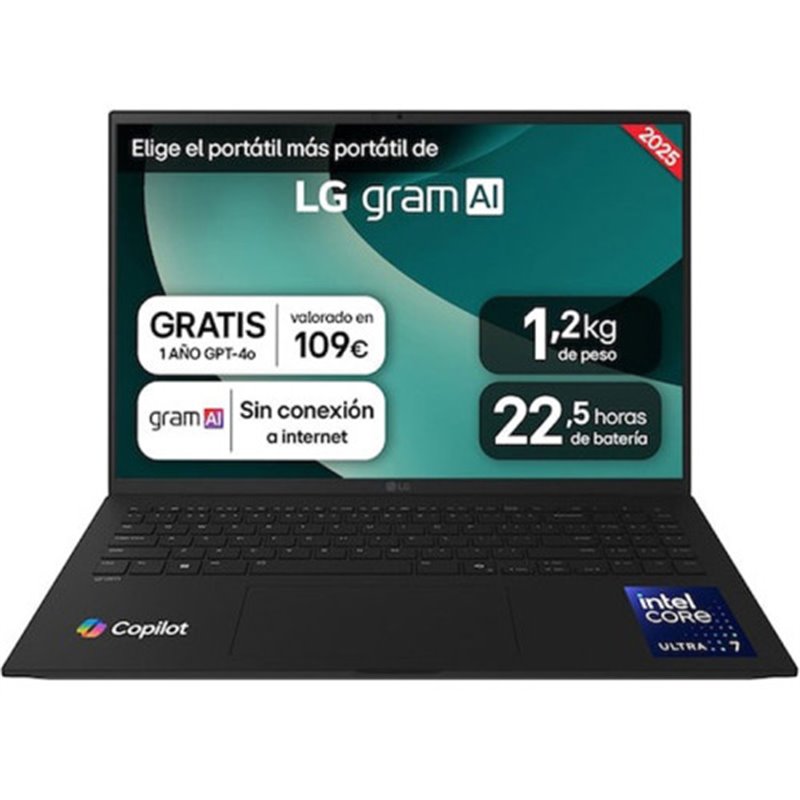 PORTATIL LG GRAM, 16", 16ZD90T, INTEL CORE ULTRA  7, 40,6 CM, 2560 X 1600 PIXELES, 16 GB, 1 TB, FREEDOS