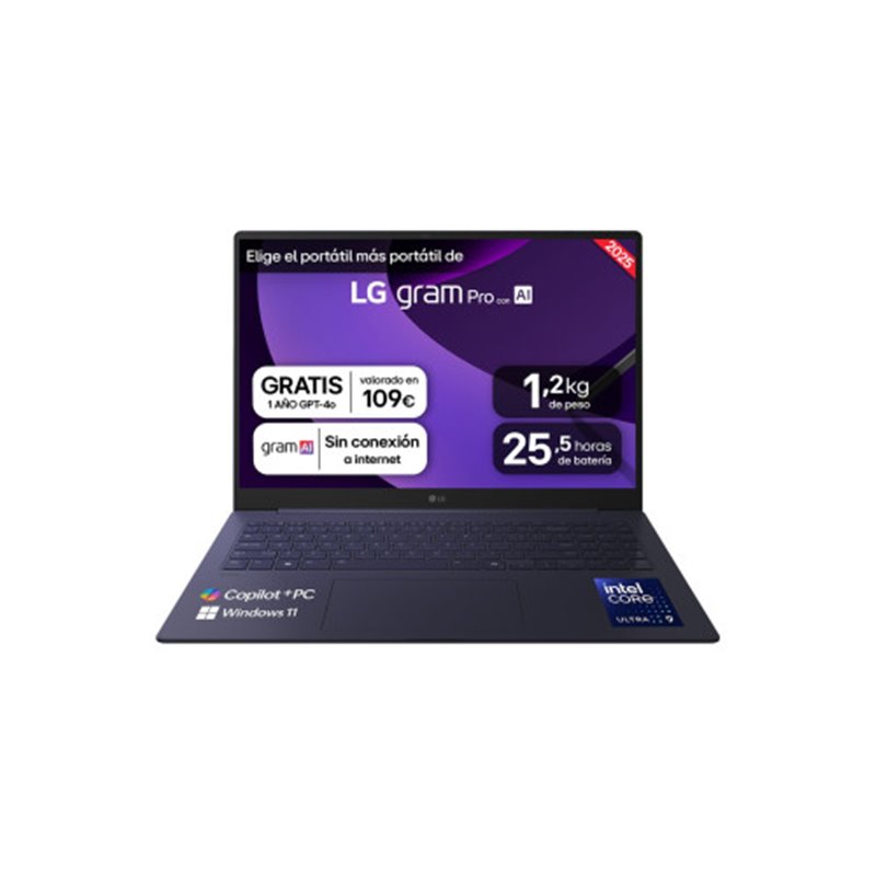 PORTATIL LG, 16", GRAM PRO 16Z90TS-G.AU99B, INTEL CORE ULTRA  9, 3,3 GHZ, 40,6 CM, 2560 X 1600 PIXELES, 32 GB, 1 TB