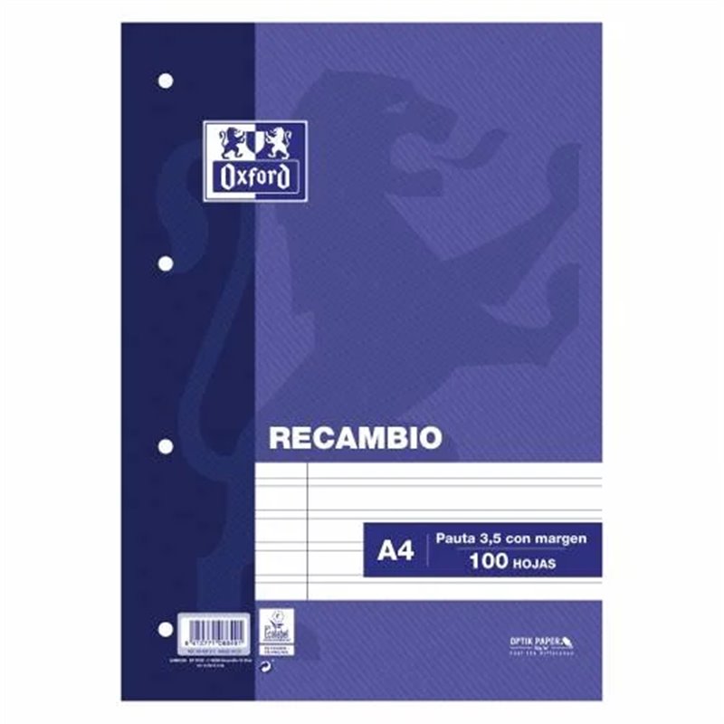 OXFORD RECAMBIO 100H A4 PAUTA 3,5MM C/MARGEN 4 TALADROS