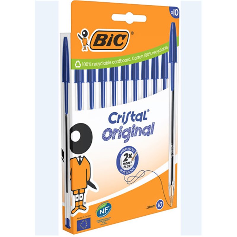 BLISTER CARTÓN 10 BOLIGRAFOS CRISTAL CON CUERPO TRANSPARENTE TRAZO 0,4MM. AZUL BIC 516352